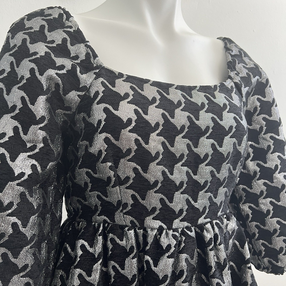 NEW Anthropologie Balloon Sleeves Dress XSMALL DAMASK houndstooth Silver Black - Picture 5 of 10